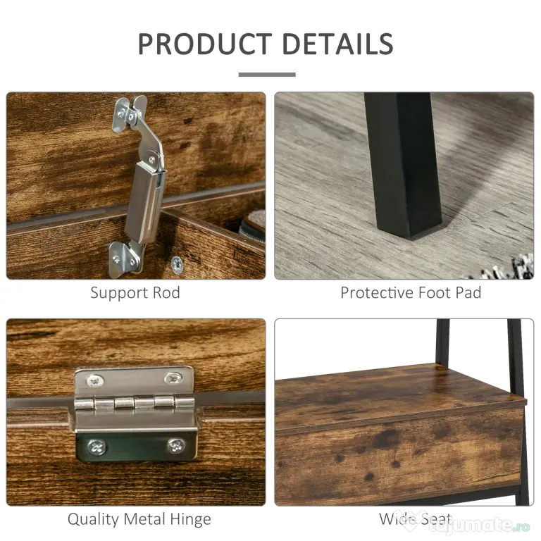 Suport de Pantofi in Stil Industrial Vintage cu Economisire de Spatiu din Lemn si Metal, Maro Rustic, 90x37x60cm HOMCOM | Aosom Romania