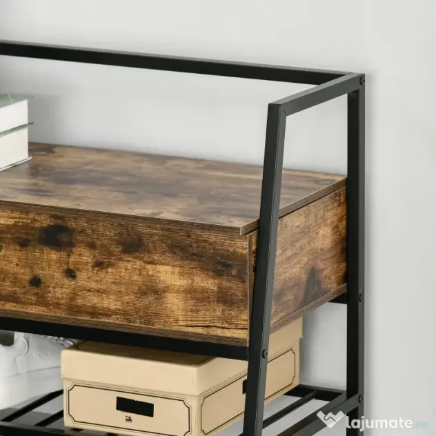 Suport de Pantofi in Stil Industrial Vintage cu Economisire de Spatiu din Lemn si Metal, Maro Rustic, 90x37x60cm HOMCOM | Aosom Romania