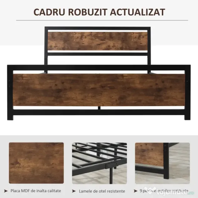 HOMCOM Cadru de Pat Single din Lemn și Oțel 140x200cm, Sipci, Tetieră Stil Industrial, Negru/Maro Rustic | Aosom Romania