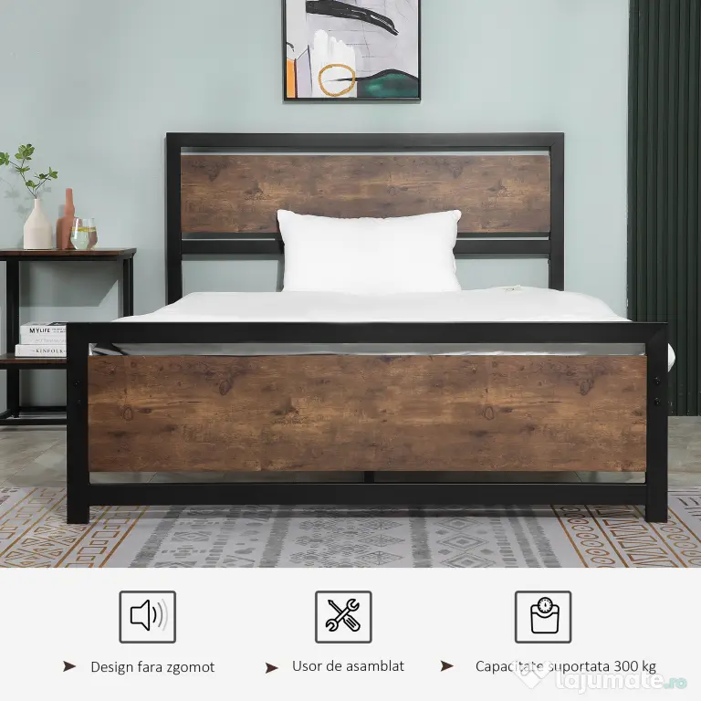 HOMCOM Cadru de Pat Single din Lemn și Oțel 140x200cm, Sipci, Tetieră Stil Industrial, Negru/Maro Rustic | Aosom Romania