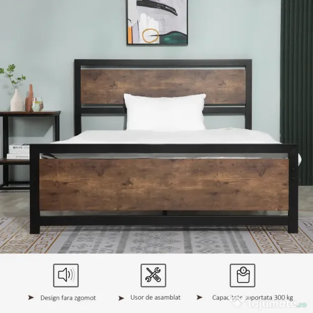 HOMCOM Cadru de Pat Single din Lemn și Oțel 140x200cm, Sipci, Tetieră Stil Industrial, Negru/Maro Rustic | Aosom Romania