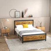 HOMCOM Cadru de Pat Single din Lemn și Oțel 140x200cm, Sipci, Tetieră Stil Industrial, Negru/Maro Rustic | Aosom Romania 