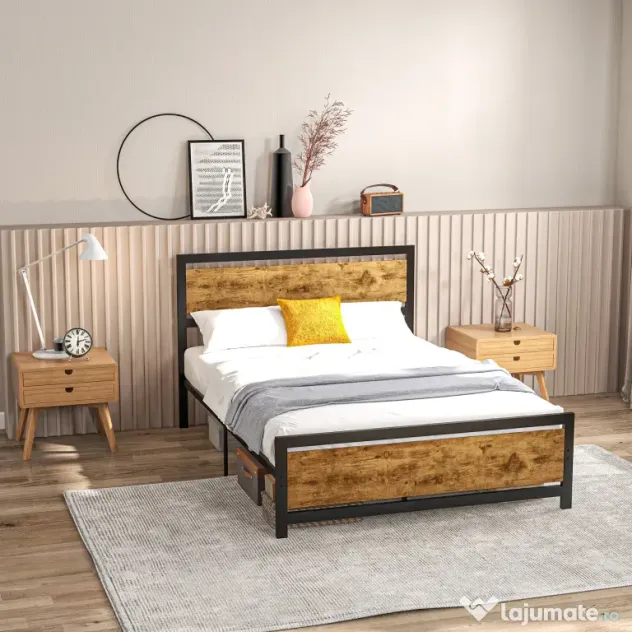 HOMCOM Cadru de Pat Single din Lemn și Oțel 140x200cm, Sipci, Tetieră Stil Industrial, Negru/Maro Rustic | Aosom Romania