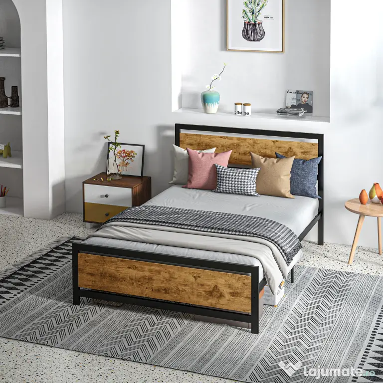 HOMCOM Cadru de Pat Single din Lemn și Oțel 140x200cm, Sipci, Tetieră Stil Industrial, Negru/Maro Rustic | Aosom Romania