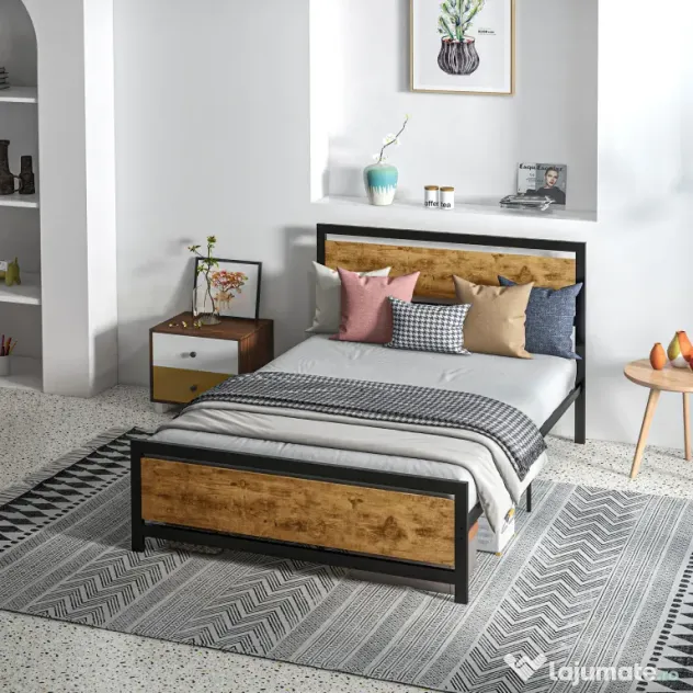 HOMCOM Cadru de Pat Single din Lemn și Oțel 140x200cm, Sipci, Tetieră Stil Industrial, Negru/Maro Rustic | Aosom Romania
