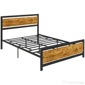 HOMCOM Cadru Pat de o persoana din Lemn si Otel cu Sipci in Stil Industrial, 140x200cm, Negru / Maro Rustic
