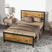 HOMCOM Cadru Pat de o persoana din Lemn si Otel cu Sipci in Stil Industrial, 140x200cm, Negru / Maro Rustic