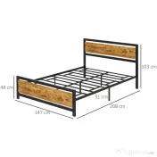 HOMCOM Cadru Pat de o persoana din Lemn si Otel cu Sipci in Stil Industrial, 140x200cm, Negru / Maro Rustic