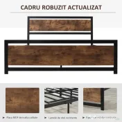 HOMCOM Cadru Pat de o persoana din Lemn si Otel cu Sipci in Stil Industrial, 140x200cm, Negru / Maro Rustic