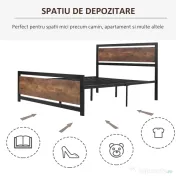 HOMCOM Cadru Pat de o persoana din Lemn si Otel cu Sipci in Stil Industrial, 140x200cm, Negru / Maro Rustic