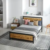 HOMCOM Cadru Pat de o persoana din Lemn si Otel cu Sipci in Stil Industrial, 140x200cm, Negru / Maro Rustic