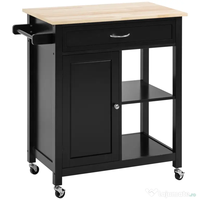 HOMCOM Carucior de Bucatarie din Lemn cu Sertar, Dulapior si Etajere cu Roti, 83x45x88cm, Negru