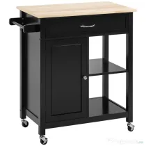 HOMCOM Carucior de Bucatarie din Lemn cu Sertar, Dulapior si Etajere cu Roti, 83x45x88cm, Negru