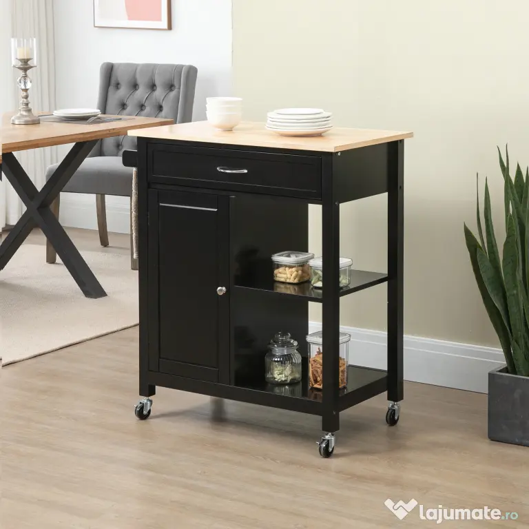 HOMCOM Carucior de Bucatarie din Lemn cu Sertar, Dulapior si Etajere cu Roti, 83x45x88cm, Negru