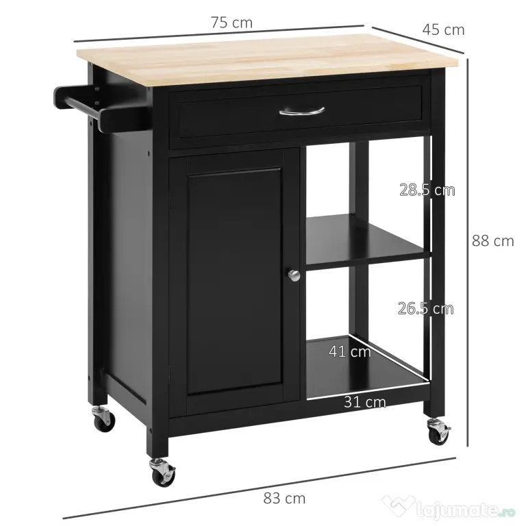 HOMCOM Carucior de Bucatarie din Lemn cu Sertar, Dulapior si Etajere cu Roti, 83x45x88cm, Negru
