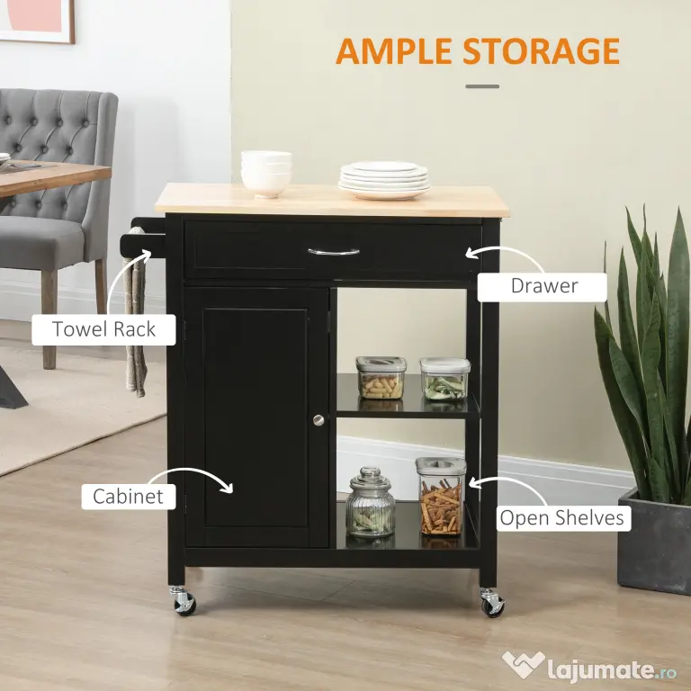 HOMCOM Carucior de Bucatarie din Lemn cu Sertar, Dulapior si Etajere cu Roti, 83x45x88cm, Negru