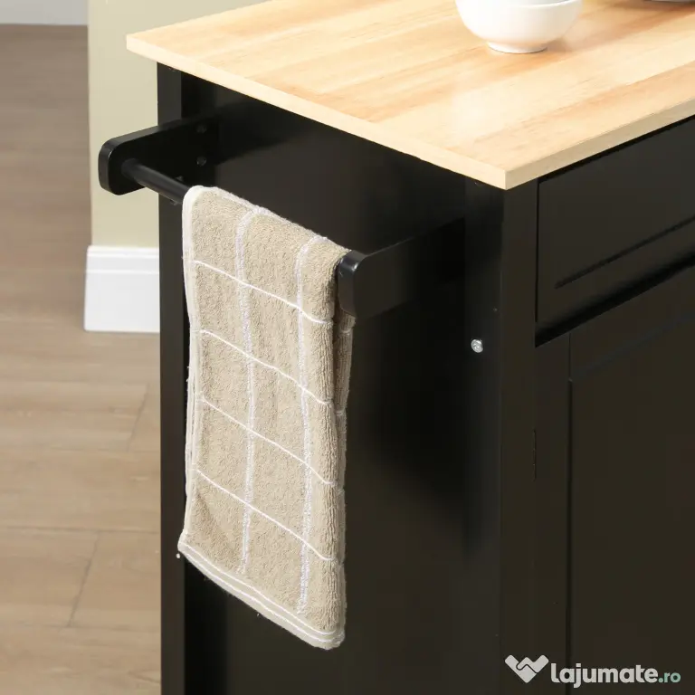 HOMCOM Carucior de Bucatarie din Lemn cu Sertar, Dulapior si Etajere cu Roti, 83x45x88cm, Negru