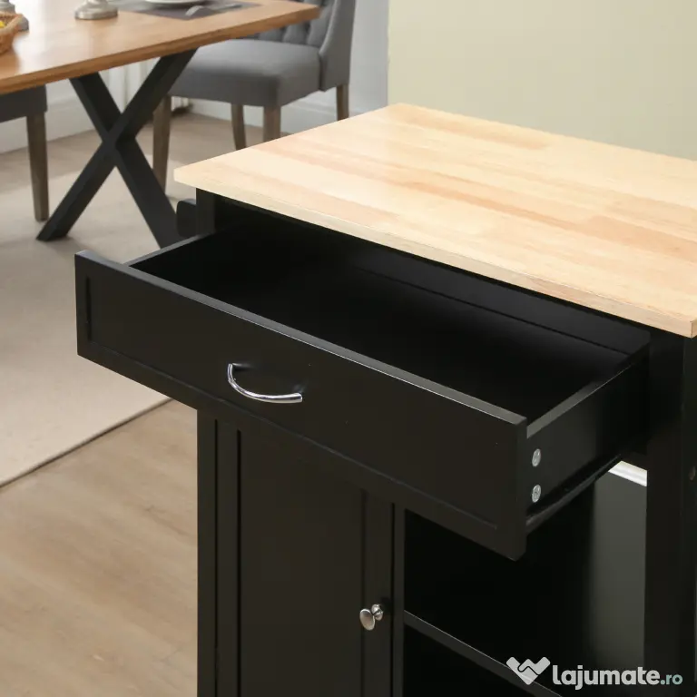 HOMCOM Carucior de Bucatarie din Lemn cu Sertar, Dulapior si Etajere cu Roti, 83x45x88cm, Negru