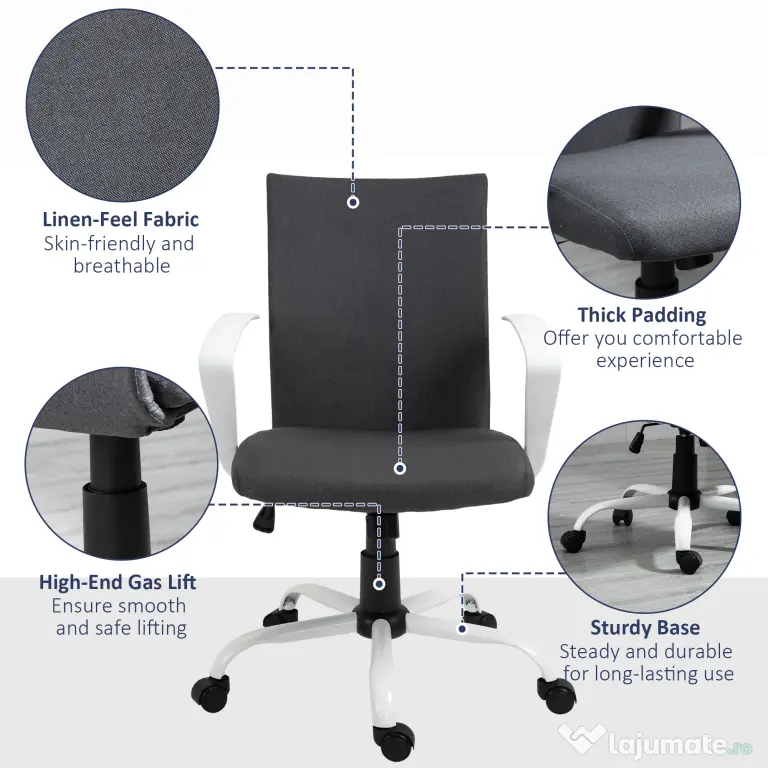 Vinsetto Scaun de Birou Ergonomic și Pivotant pentru Birou, Gri Închis | Aosom Romania