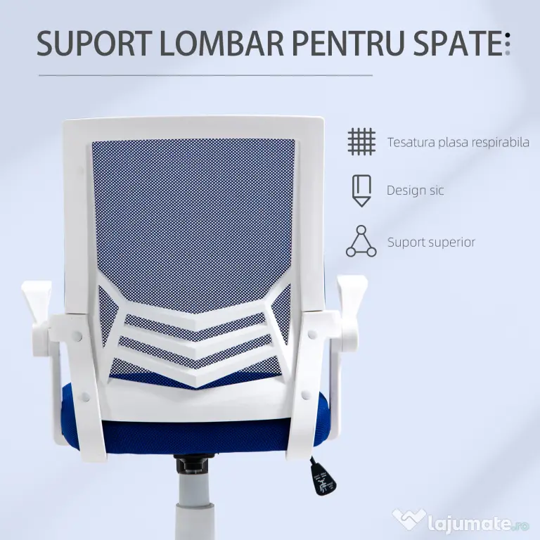 Scaun de Birou Ergonomic cu Cotiere si Suport Lombar, Fotoliu Birou Pivotant si Inaltime Reglabila din Tesatura Albastra Vinsetto | Aosom Romania