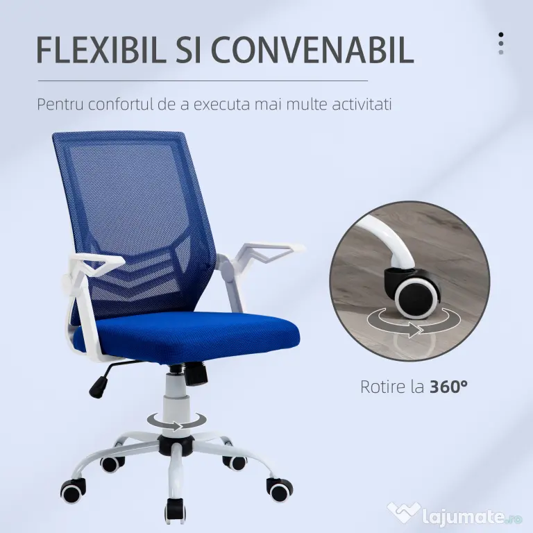 Scaun de Birou Ergonomic cu Cotiere si Suport Lombar, Fotoliu Birou Pivotant si Inaltime Reglabila din Tesatura Albastra Vinsetto | Aosom Romania