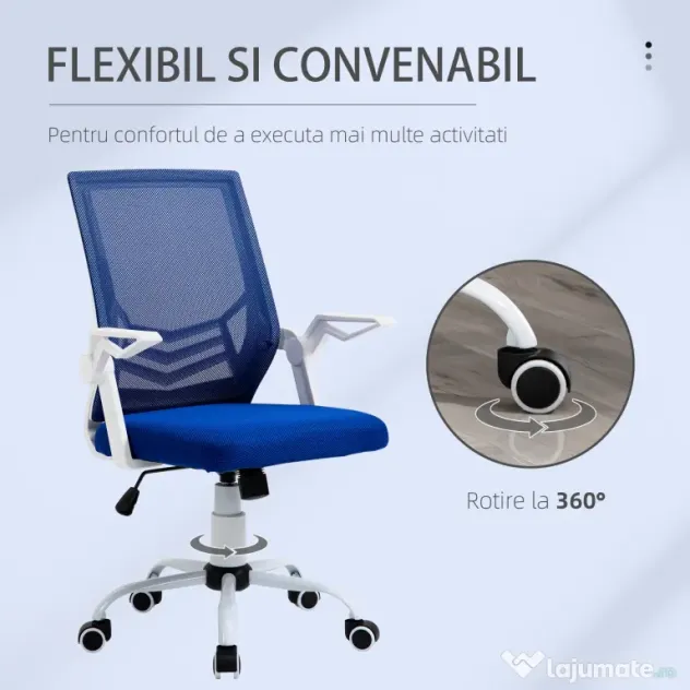 Scaun de Birou Ergonomic cu Cotiere si Suport Lombar, Fotoliu Birou Pivotant si Inaltime Reglabila din Tesatura Albastra Vinsetto | Aosom Romania