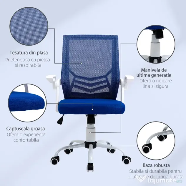 Scaun de Birou Ergonomic cu Cotiere si Suport Lombar, Fotoliu Birou Pivotant si Inaltime Reglabila din Tesatura Albastra Vinsetto | Aosom Romania