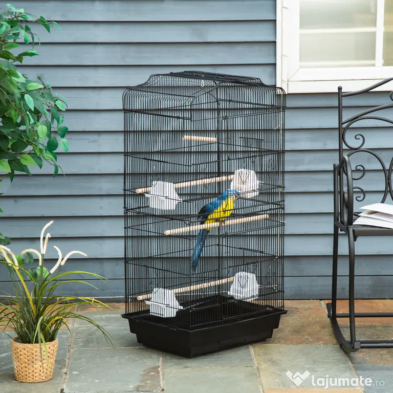 PawHut Colivie pentru Papagali cu Stinghii, Leagan și Boluri, Volieră din Metal și Plastic, 46.5x35.5x92 cm, Negru | Aosom Romania
