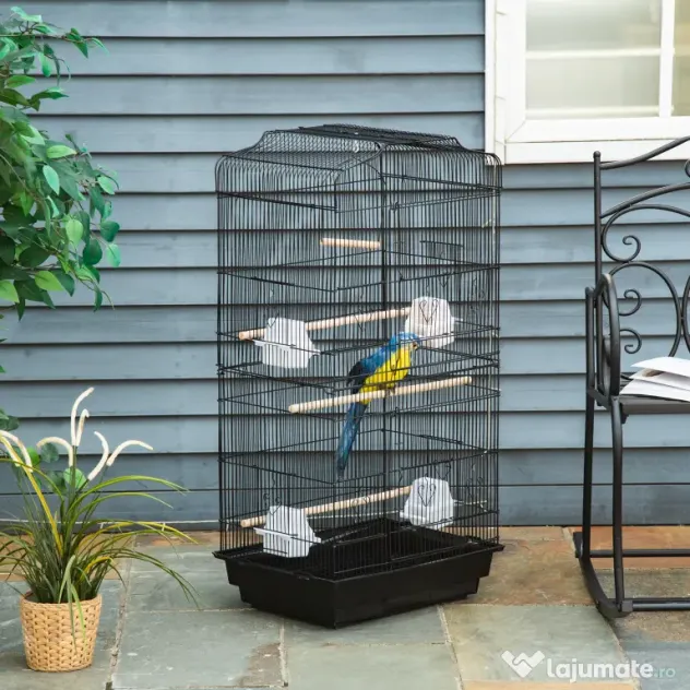 PawHut Colivie pentru Papagali cu Stinghii, Leagan și Boluri, Volieră din Metal și Plastic, 46.5x35.5x92 cm, Negru | Aosom Romania