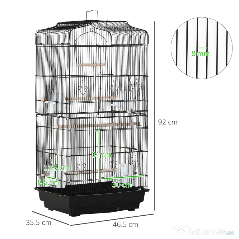 PawHut Colivie pentru Papagali cu Stinghii, Leagan și Boluri, Volieră din Metal și Plastic, 46.5x35.5x92 cm, Negru | Aosom Romania