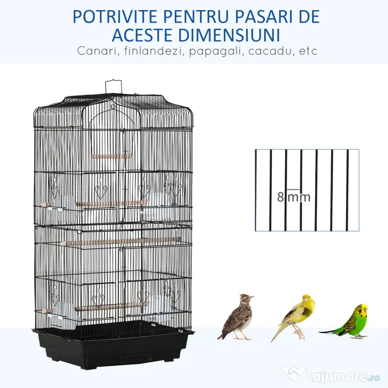 PawHut Colivie pentru Papagali cu Stinghii, Leagan și Boluri, Volieră din Metal și Plastic, 46.5x35.5x92 cm, Negru | Aosom Romania