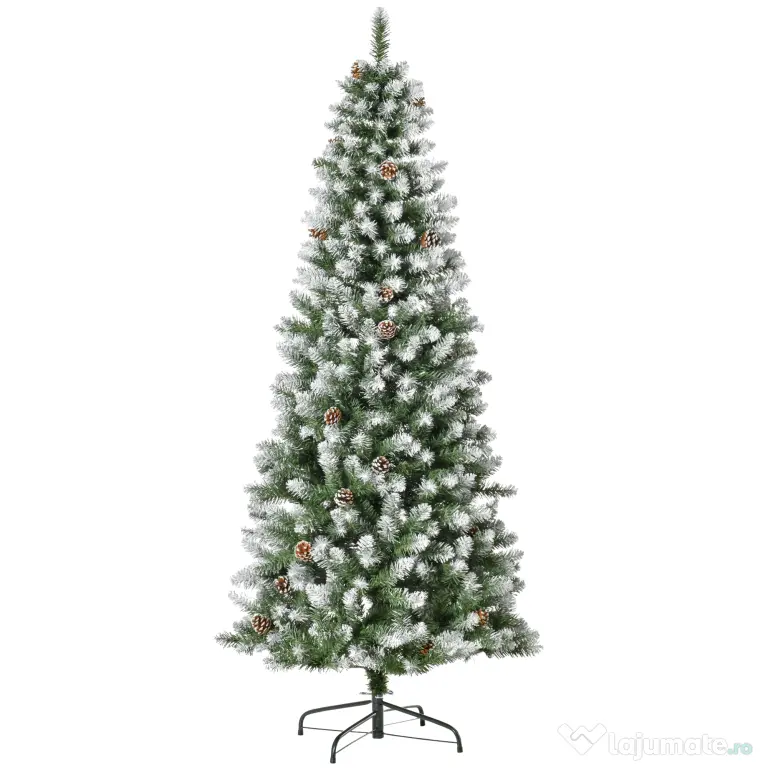 HOMCOM Brad de Crăciun Înzăpezit de 180 cm cu 630 de Ramuri și 37 de Conuri, din Plastic și Metal, Verde și Alb