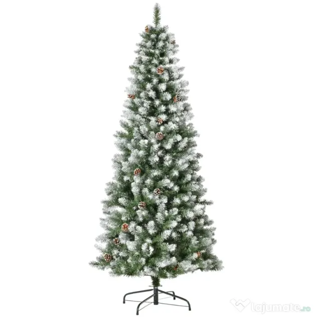 HOMCOM Brad de Crăciun Înzăpezit de 180 cm cu 630 de Ramuri și 37 de Conuri, din Plastic și Metal, Verde și Alb