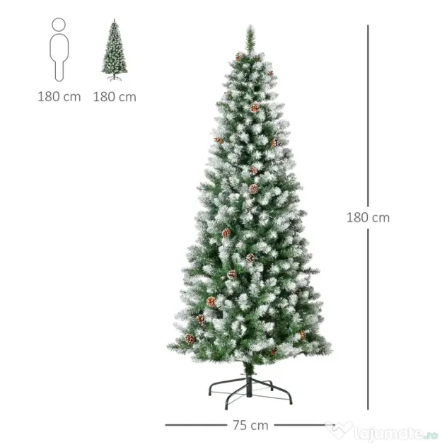 HOMCOM Brad de Crăciun Înzăpezit de 180 cm cu 630 de Ramuri și 37 de Conuri, din Plastic și Metal, Verde și Alb