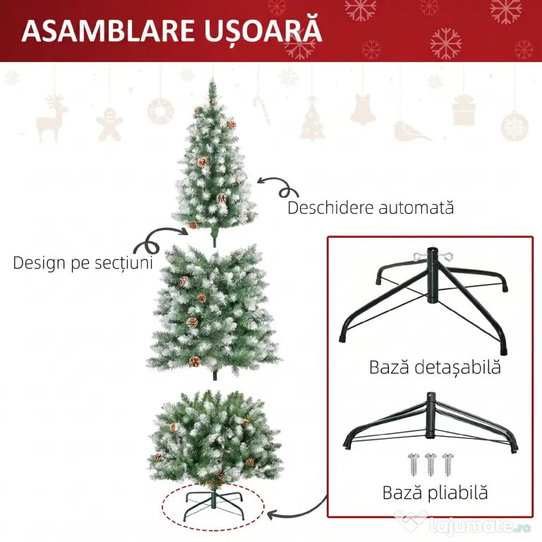 HOMCOM Brad de Crăciun Înzăpezit de 180 cm cu 630 de Ramuri și 37 de Conuri, din Plastic și Metal, Verde și Alb