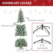 HOMCOM Brad de Crăciun Înzăpezit de 180 cm cu 630 de Ramuri și 37 de Conuri, din Plastic și Metal, Verde și Alb