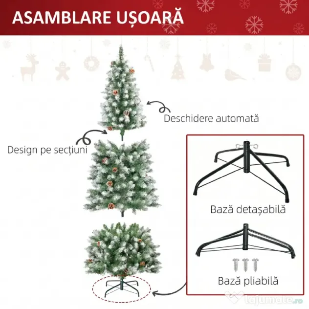 HOMCOM Brad de Crăciun Înzăpezit de 180 cm cu 630 de Ramuri și 37 de Conuri, din Plastic și Metal, Verde și Alb