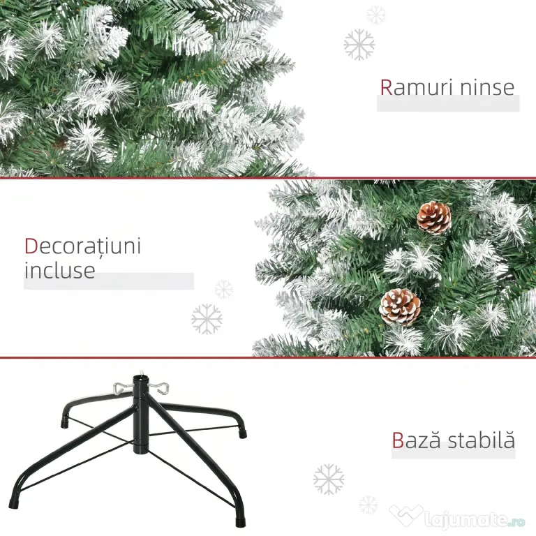 HOMCOM Brad de Crăciun Înzăpezit de 180 cm cu 630 de Ramuri și 37 de Conuri, din Plastic și Metal, Verde și Alb