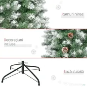 HOMCOM Brad de Crăciun Înzăpezit de 180 cm cu 630 de Ramuri și 37 de Conuri, din Plastic și Metal, Verde și Alb