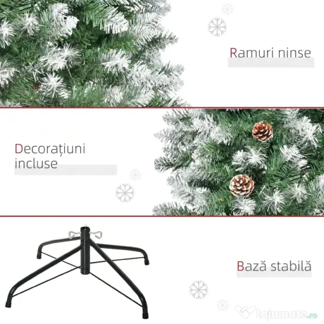 HOMCOM Brad de Crăciun Înzăpezit de 180 cm cu 630 de Ramuri și 37 de Conuri, din Plastic și Metal, Verde și Alb