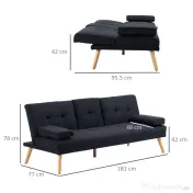 HOMCOM Canapea Extensibilă 3 Locuri Rabatabilă cu Tapițerie cu Efect de In și Măsuță Pliabilă, Gri 