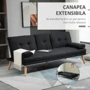 HOMCOM Canapea Extensibilă 3 Locuri Rabatabilă cu Tapițerie cu Efect de In și Măsuță Pliabilă, Gri 
