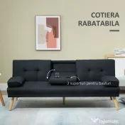 HOMCOM Canapea Extensibilă 3 Locuri Rabatabilă cu Tapițerie cu Efect de In și Măsuță Pliabilă, Gri 