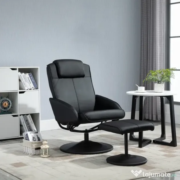 HOMCOM Fotoliu reclinabil de relaxare cu otoman pentru picioare si tapiterie din piele artificiala, 71x78x101cm, negru | Aosom Romania