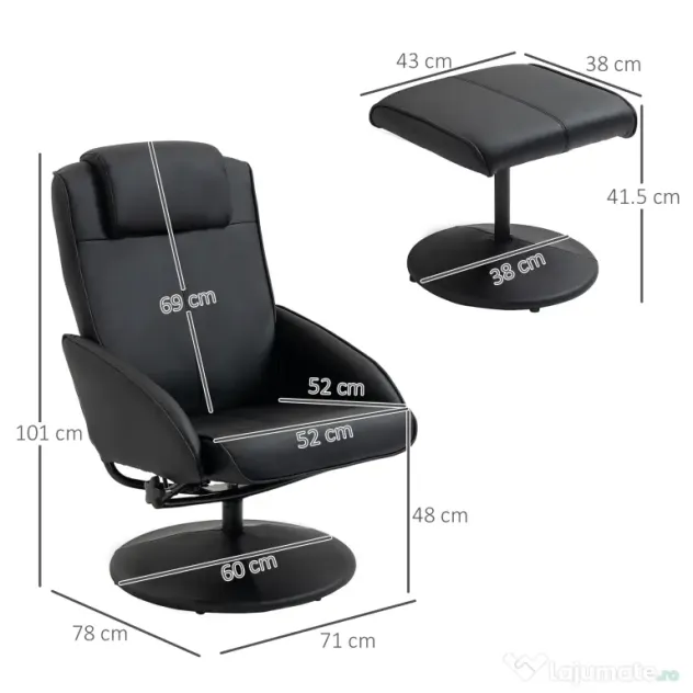 HOMCOM Fotoliu reclinabil de relaxare cu otoman pentru picioare si tapiterie din piele artificiala, 71x78x101cm, negru | Aosom Romania