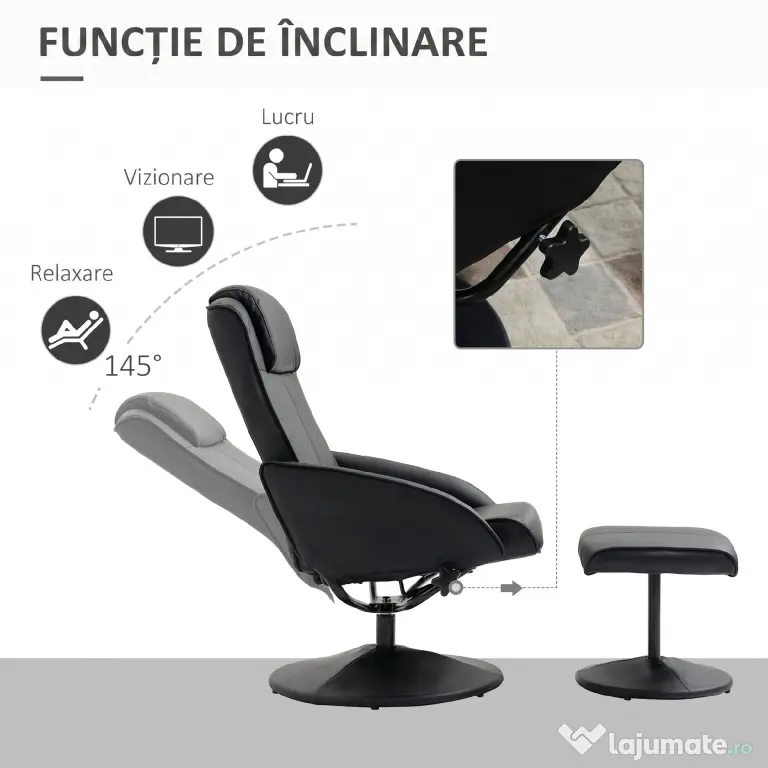 HOMCOM Fotoliu reclinabil de relaxare cu otoman pentru picioare si tapiterie din piele artificiala, 71x78x101cm, negru | Aosom Romania