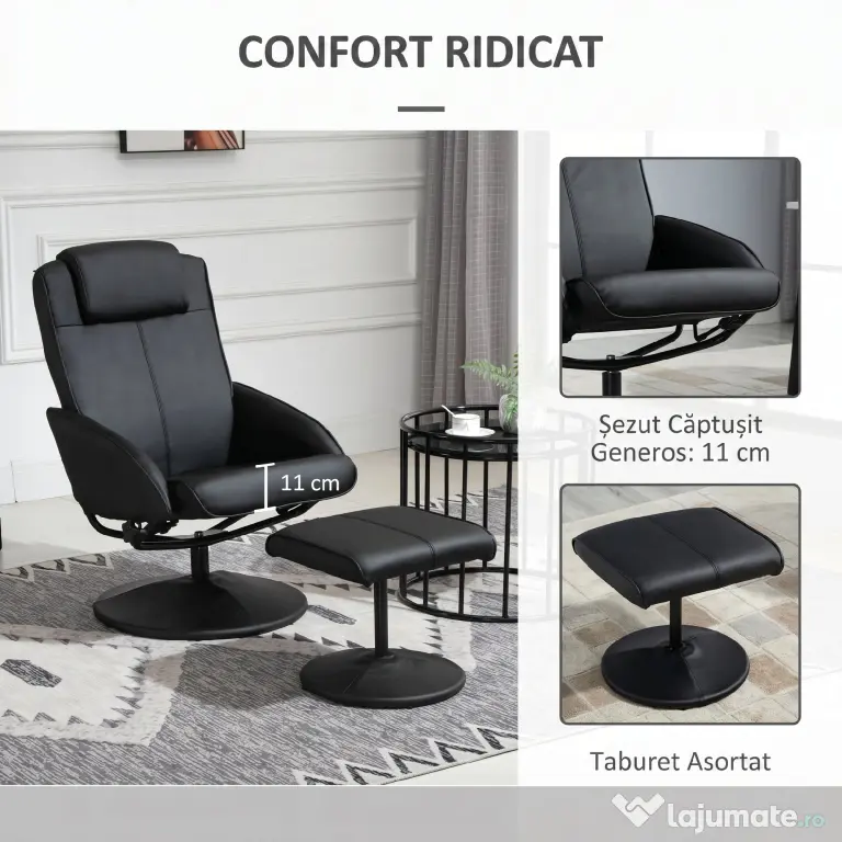 HOMCOM Fotoliu reclinabil de relaxare cu otoman pentru picioare si tapiterie din piele artificiala, 71x78x101cm, negru | Aosom Romania