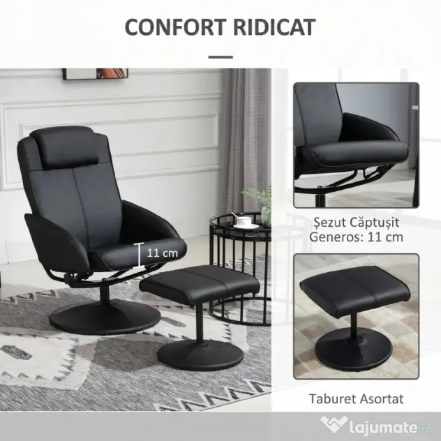 HOMCOM Fotoliu reclinabil de relaxare cu otoman pentru picioare si tapiterie din piele artificiala, 71x78x101cm, negru | Aosom Romania