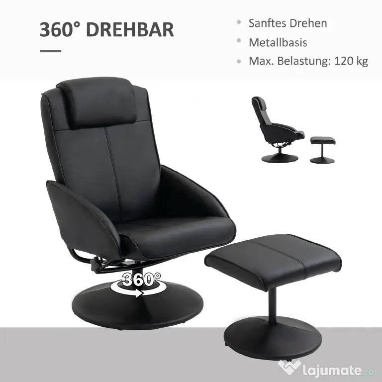 HOMCOM Fotoliu reclinabil de relaxare cu otoman pentru picioare si tapiterie din piele artificiala, 71x78x101cm, negru | Aosom Romania