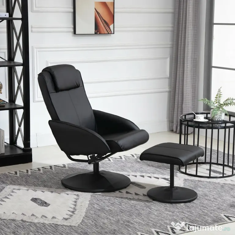 HOMCOM Fotoliu reclinabil de relaxare cu otoman pentru picioare si tapiterie din piele artificiala, 71x78x101cm, negru | Aosom Romania